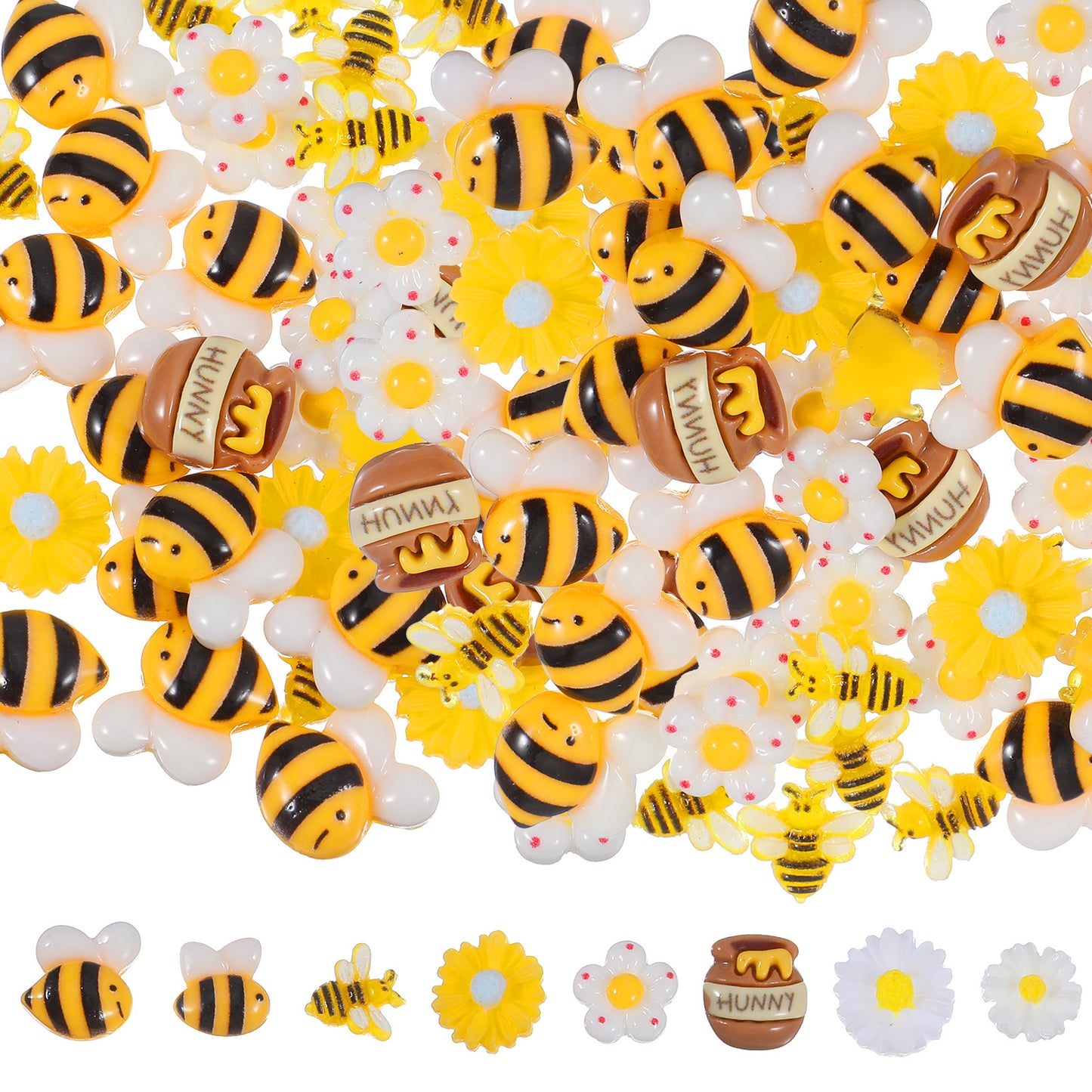 50 Pack Tiny Resin Bees for Crafts, Flatback Plastic Bumble Bee, Daisy Flowers, Honey Jar Embellishments for DIY Wreath Scrapbooking Bee Theme Party Decor