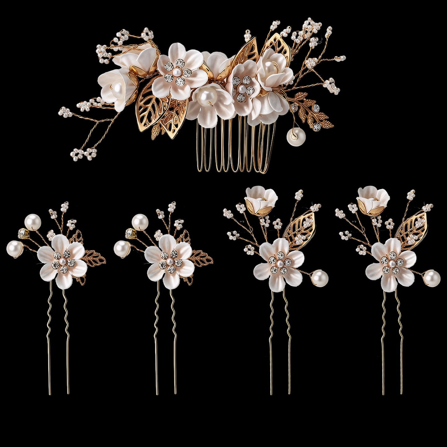 5 PCS Bridal Flower Wedding Hair Pins Elegant Crystal Pearl Hair Clips Headpiece White Flower Gold Leaf Pearls Clips Bridal Accessories Jewelry with Rhinestone for Brides Bridesmaids Women Updo