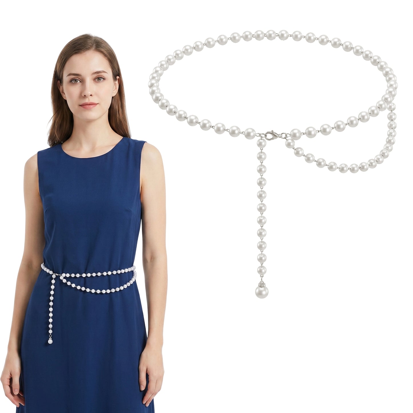 Ymapinc White Pearl Belt for Dress, Adjustable Waist Chain for Women, Plus Size Pearl Chain Belt 25.2-40.2 Inch, Skirt Decor Accessory