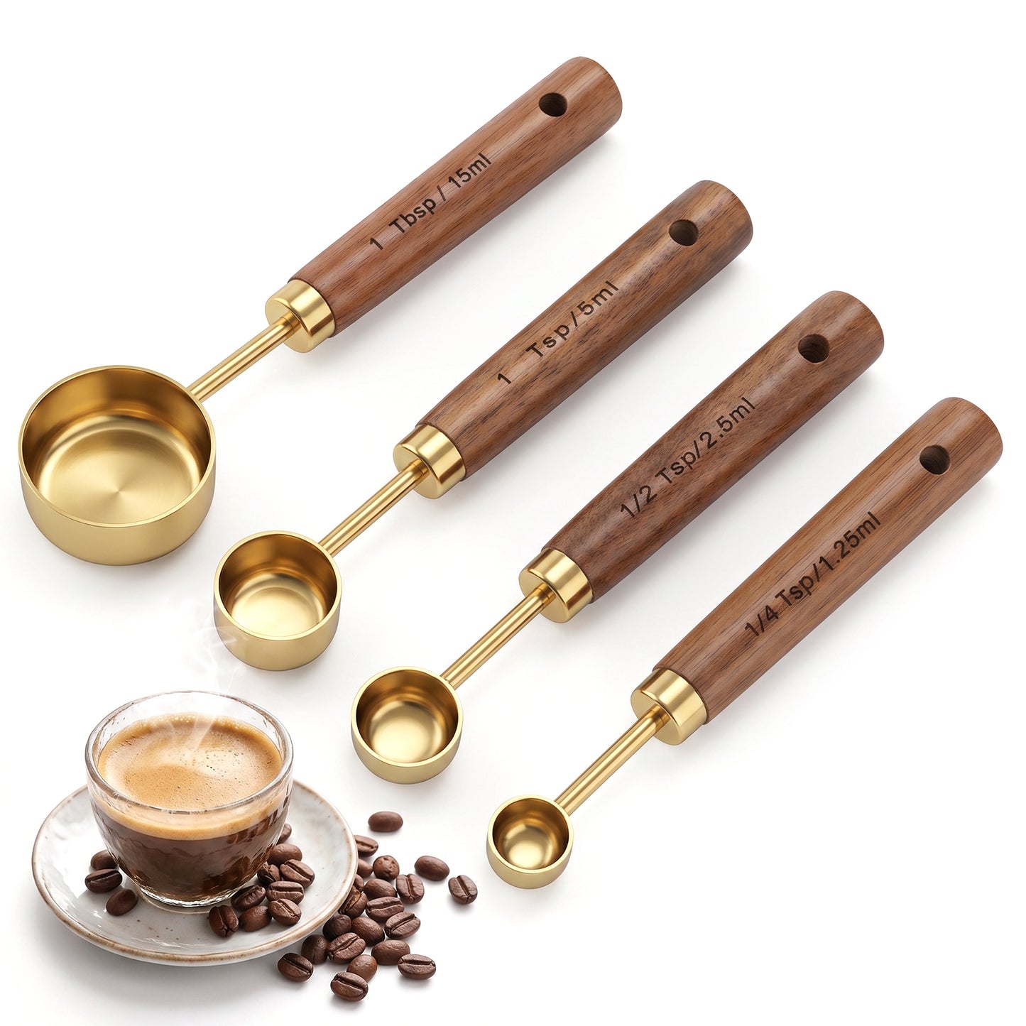 Tyqour Stainless Steel Wooden Coffee Scoop Set of 4, Coffee Measuring Spoon 1 Tablespoon Scoop (1.25ml 2.5ml 5ml 15ML), Gold Coffee Measuring Scoop with Walnut Handle for Coffee Tea Spices