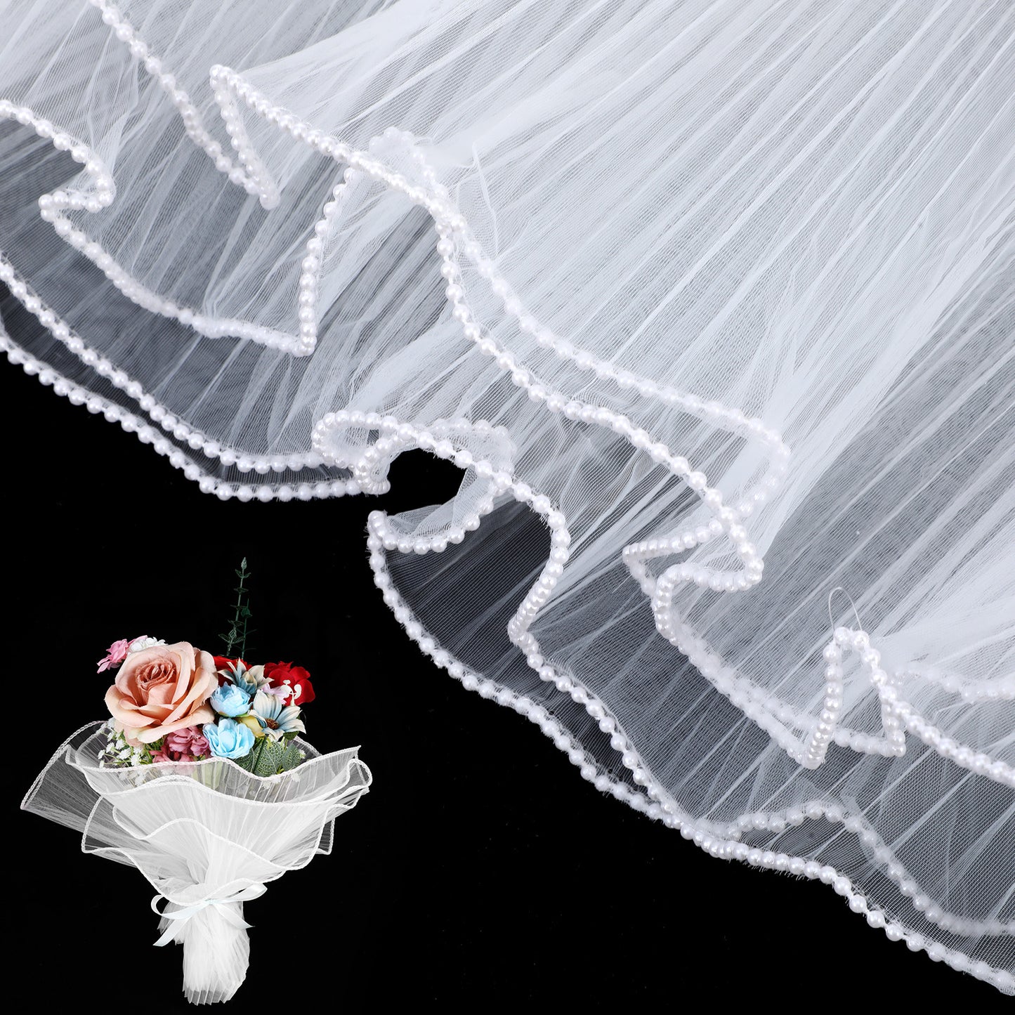 2PCS Pearl Edge Flower Wrapping Paper for Bouquets, 4 Yards Mesh Bouquet Wrapping Paper Wrinkled Packaging for Party Favor Decor Florist Supply Wedding Gift Packaging Mother's Day White