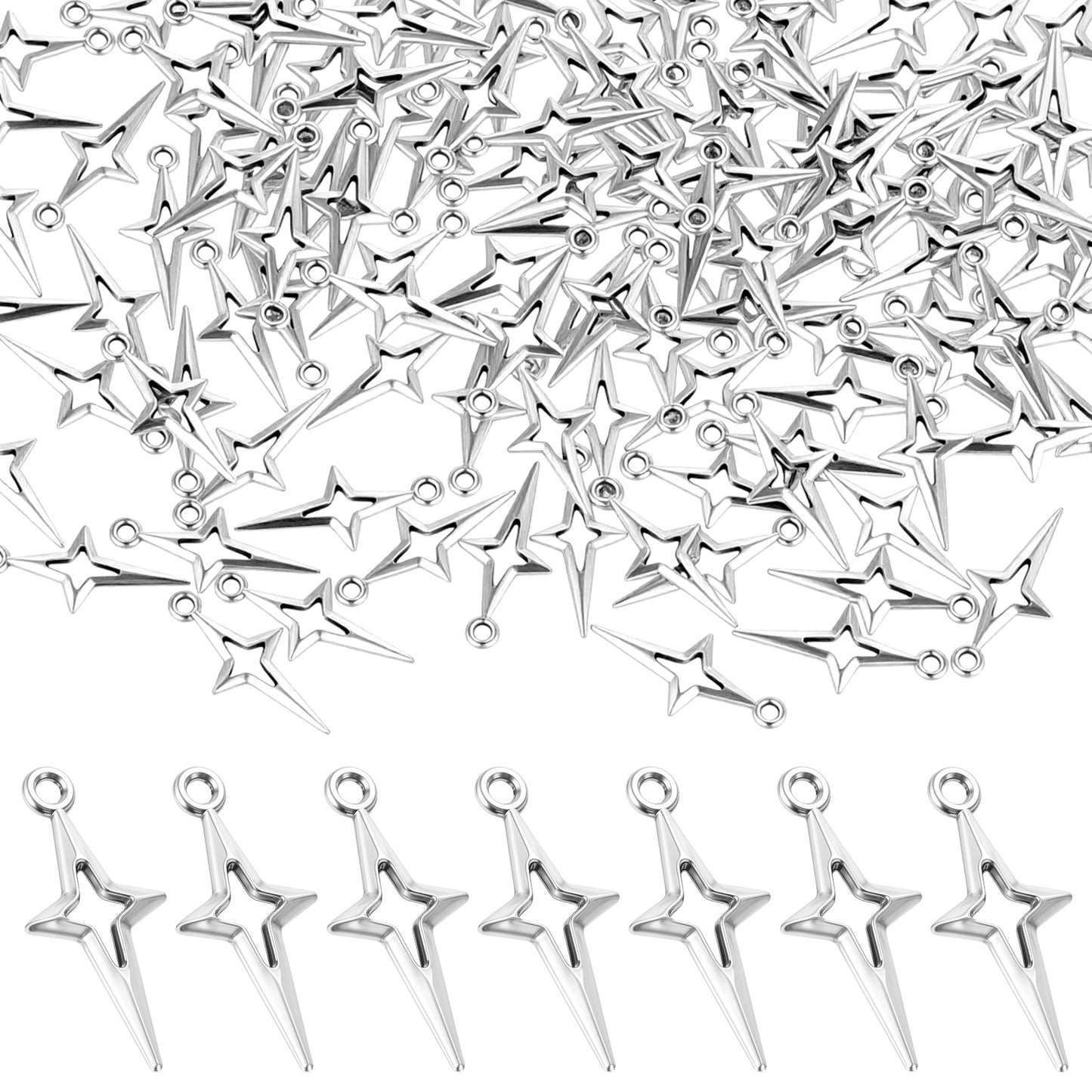 Teaaha 120 Pcs Silver Star Charms for Jewelry Making, Hollow Four-Pointed Star Pendants for Aesthetic Charm Connectors DIY Craft Bracelet Earrings Necklace Pendant