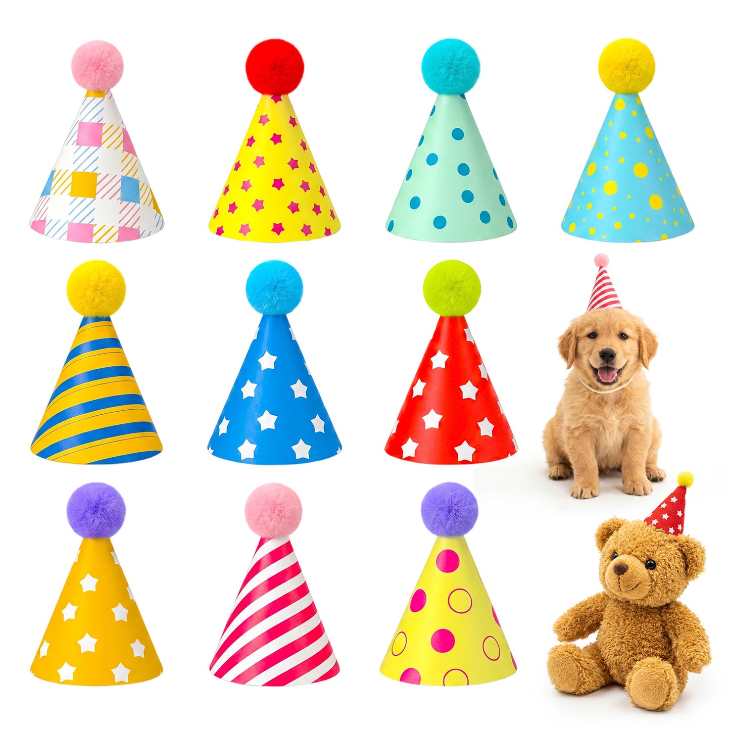 Rahhlzs 10 Pcs Colorful Mini Party Hats for Stuffed Animals Lovely Paper Cone Birthday Hats with Pom Poms Stuffed Animal Party Hat with Pom Poms for Pets, Baby, Stuffed-Animals, Accessories
