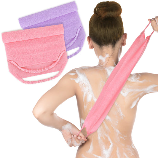 2 Pack Exfoliating Back Scrubber for Shower, Nylon Wash Scrubber Cloth with Handles, Body Scrubber Towel for Deep Cleansing and Removing Dead Skin (Includes Pink & Purple)