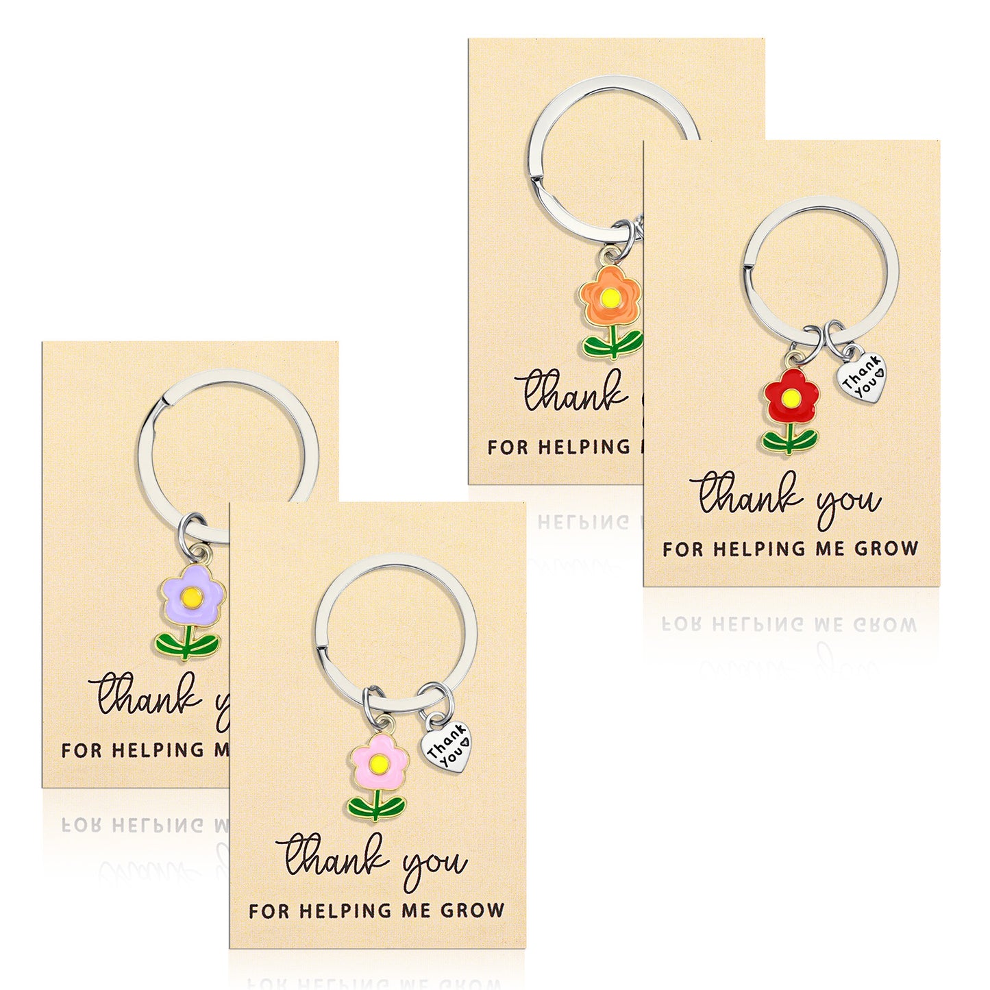 Nogeqi 4Pcs Teacher Keychain, Teacher Appreciation Keychain Gifts with Card, Flower Thank You for Helping Me Grow Keychain, Teacher Day Gifts for Coworker Employee Appreciation Gift