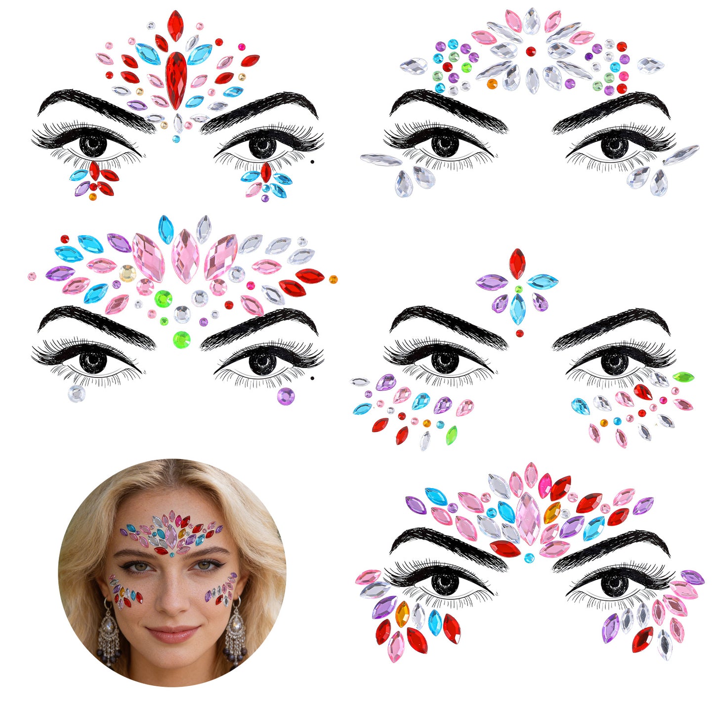 Matwsec 5 Sets Face Gems for Women Self Adhesive Face Jewels Stick on for Christmas Festival Music Rave Festival Carnival Party Makeup Decorations