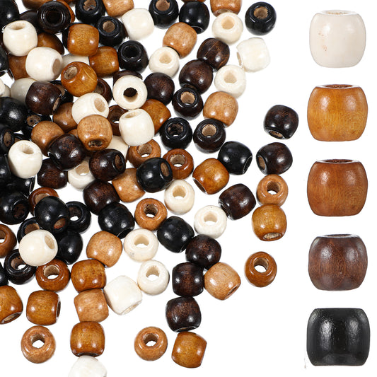 200 Pcs Large Hole Wooden Beads for Crafts, Vintage Round Natural Wood Hair Bead, 5 Colors 11x12mm Wooden Loose Spacer Beads for Necklace Bracelet Hair DIY Craft Handmade Decor