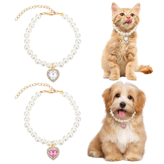 2 Pcs Pearl Cat Collar Necklace For Cats Girl Cute Cat Collar Small Heart Shape Rhinestone Pet Necklace Adjustable Wedding Party Pet Birthday Wedding Collar For Cats Puppy Dress Accessories