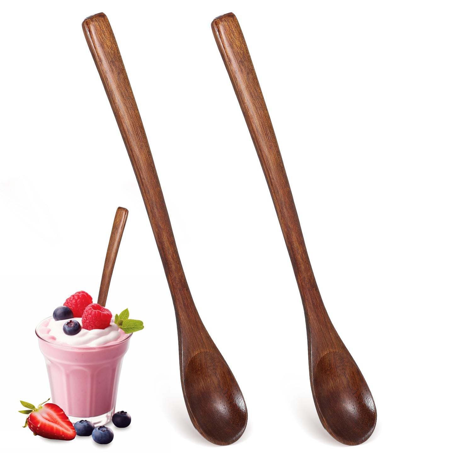 2PCS Small Wooden Spoons for Eating, Wooden Honey Spoon, 7.7 Inch Mixing Coffee Spoon with Long Handle Wood Teaspoon for Kitchen Bar Restaurant Tea Dessert