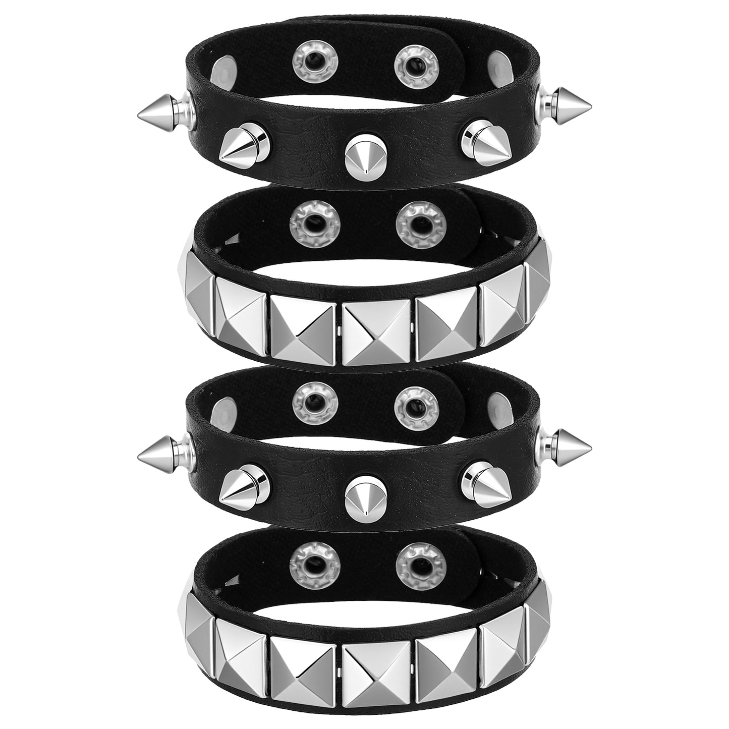 Matwsec 4 Pcs Studded Bracelets Set, Adjustable PU Leather Spike Bracelet Punk Cuff for Men Women, Black Metal Rivet Goth Emo Accessories for Concerts & Costume Parties