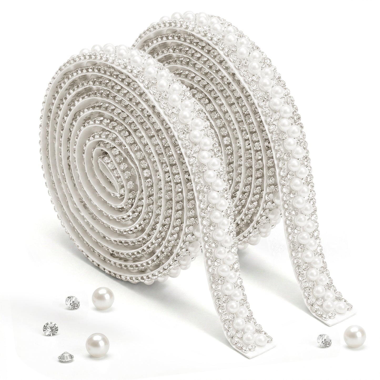Rahhlizs 2 Rolls Pearl Rhinestone Ribbon Self Adhesive Crystal Pearls Trim, Bling Pearls Rhinestone Strips Diamond Tape for Crafts Phone Clothing Wedding Birthday Party Decoration
