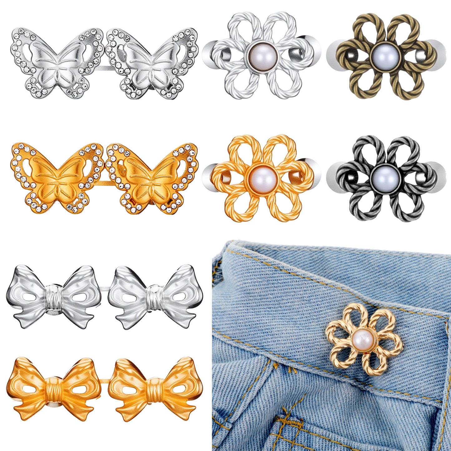 8 Sets Waist Tightener for Pants Women Flower Jeans Button Adjustable Waist Buckle Sets No Sew and No Tools Detachable Decorative Waists Buckles Jean Buttons Pins for Loose Jeans Pants Skirts Sleeves