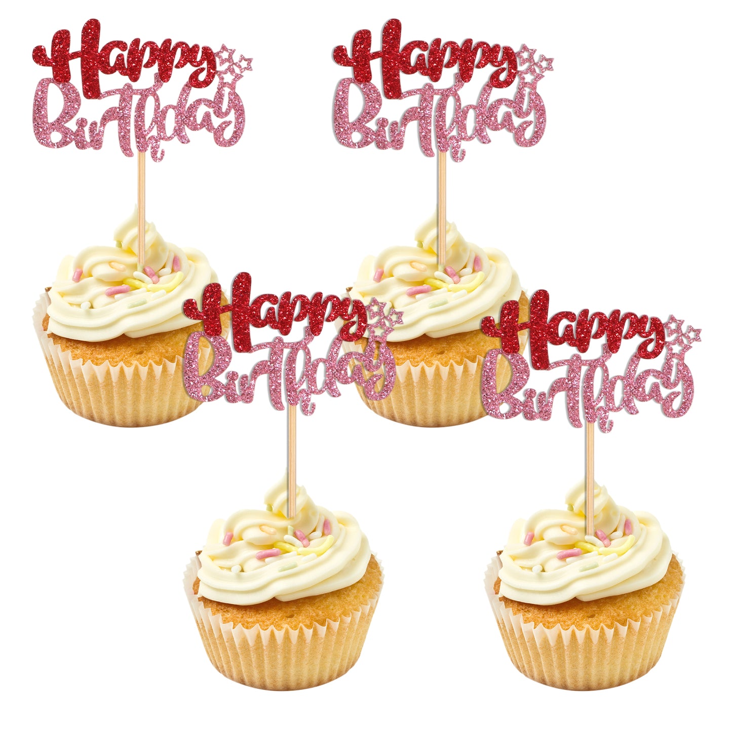 Mabor 24Pcs Happy Birthday Cupcake Toppers - Pink Paper Cake Decorations for Party Supplies, Baby Shower & Anniversary Celebration