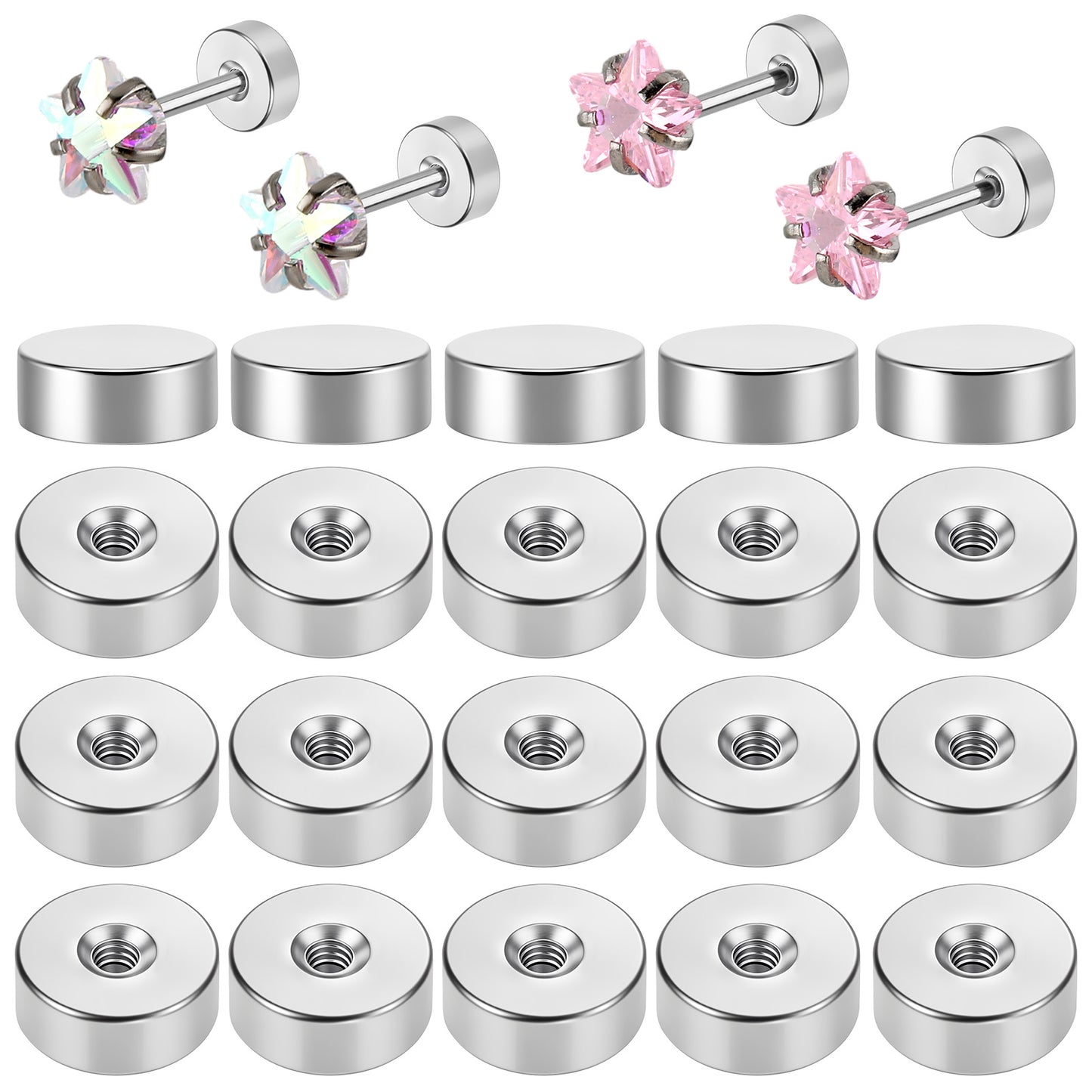 Mabor 20Pcs Stainless Steel Flat Back Earring Backs, 2mm Screw On Replacements for Studs, 20 Gauge 0.8mm Hole, Allergy-Friendly Earring Locks for Piercing Jewelry DIY
