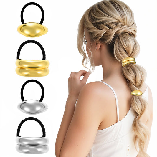 Ymapinc Hair Cuffs for Ponytails, 4 Pcs Fashion Gold Silver Metal Hair Ties, Geometric Ponytail Cuff Stylish Hair Holder for Women Hair Accessories