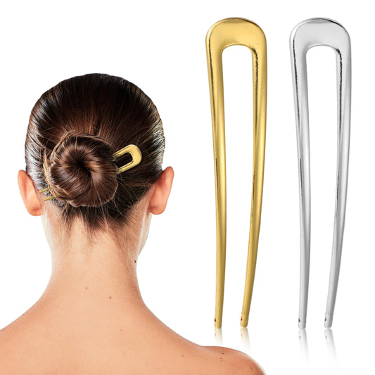 2PCS U Shaped French Pins Hair for Thick Fine Vintage Elegant Metal Gold and Silver French Twist Hair Pins Forks for Women and Girls, 5.51 Inch