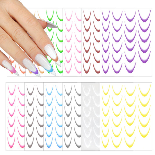 12 PCS French Gradient Nail Stickers French Tip Guides for Nails Colorful French Line Nail Art Stickers 3D Self-Adhesive Colorful Geometric Curve Lines Nail Decals for Women DIY Nail Art Stencil Tools