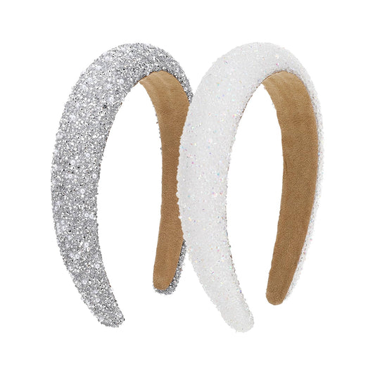 2 Pack Rhinestone Headband, Glitter Beaded Pearls Padded Headbands for Women Lady Grils Prom Wedding Sparkly Hair Accessories (Silver, White)