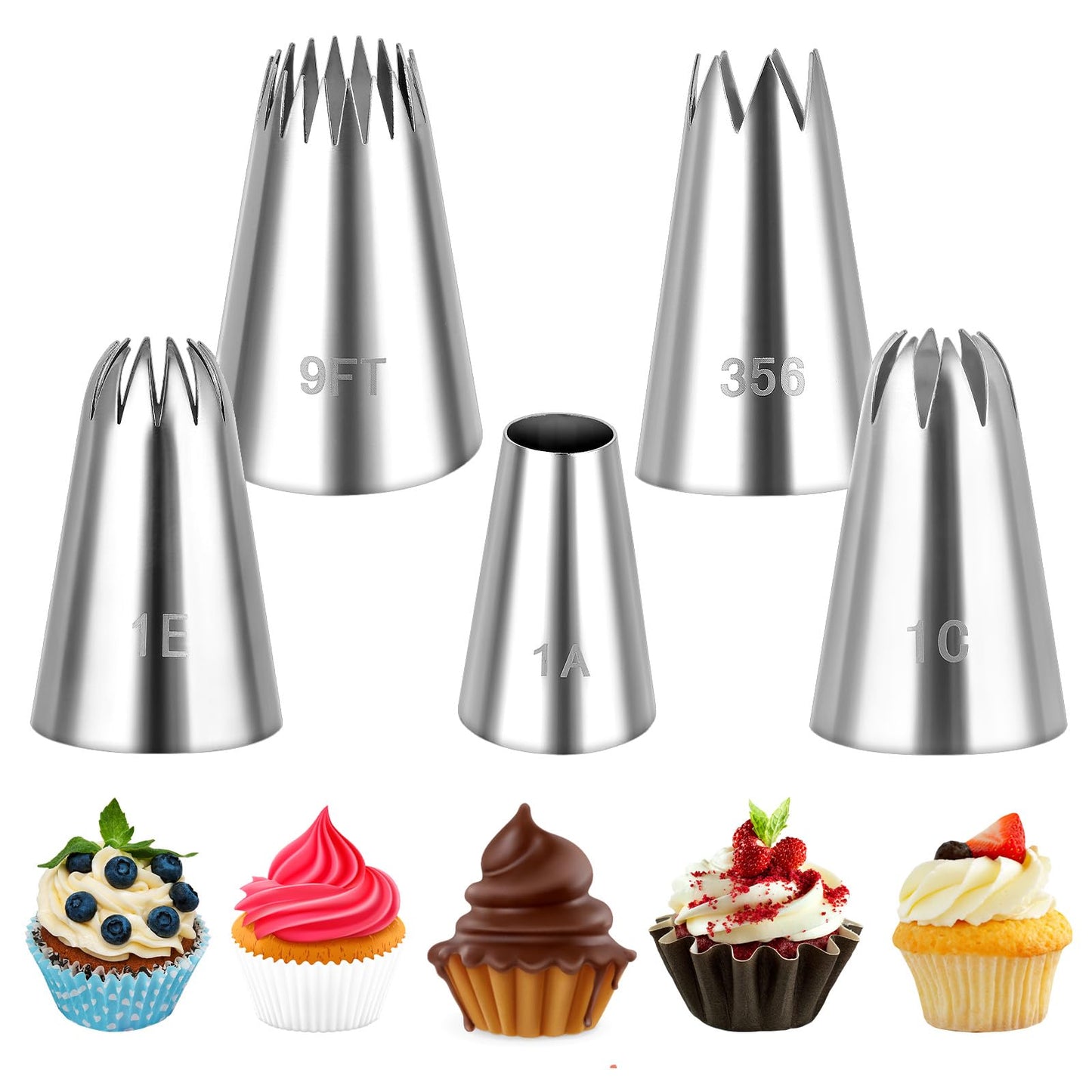 Mabor 5Pcs Piping Nozzle Set Large Piping Tips Icing Nozzles Set for Cake Decorating Churros Piping Nozzle Star/Round Frosting Piping Kit for Cupcakes Cookie 1A 1E 9FT 1C 356 Piping Tip