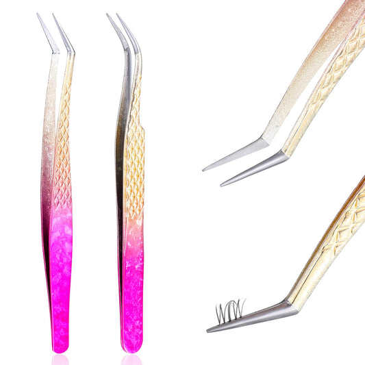 2Pcs Colorful Lash Tweezers for Eyelash Extensions Diamond Grip 90 Degree Precision Fiber Tip Mega Volume Stainless Steel Lash Tweezers for Volume Lashes Make Fans