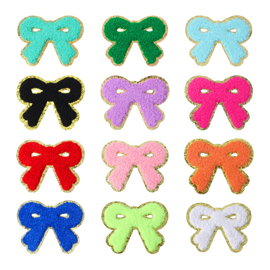 12 Pack Fabric Stickers Bow Patches Gold Edge Embroidery Cute Glitter Bow Iron on Patch, Colorful Embroidered Chenille Sew on Applique for DIY Hats Backpack Clothes Dress Pants Jeans(12colors)