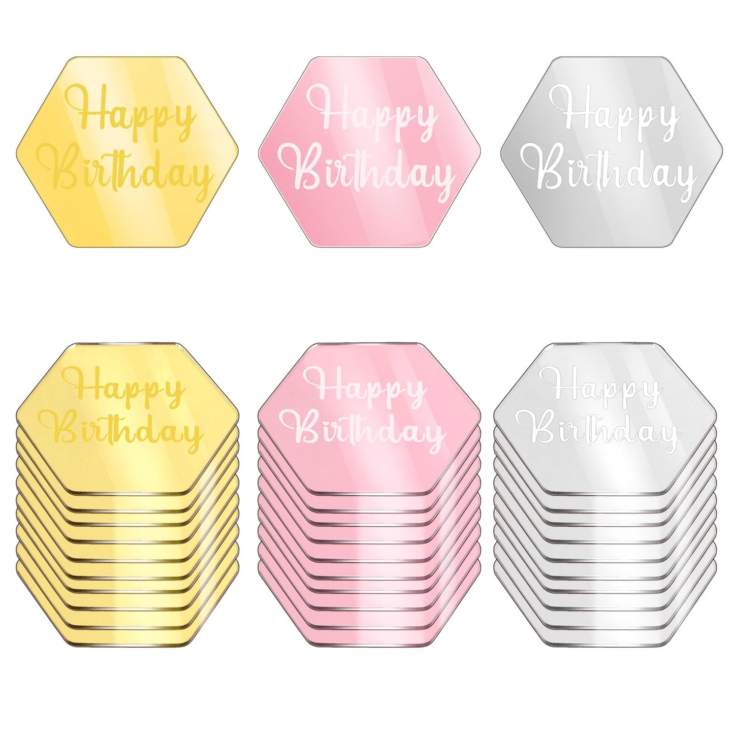 Teaaha 30PCS Happy Birthday Cupcake Toppers, Acrylic Personalised Cupcake Toppers Custom Hexagon Engraved Cupcake Toppers, Cake Topper Name for Birthday Party Mini Cupcakes(Gold, Silver, Rose)