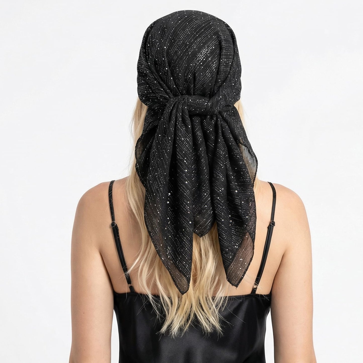 Sorcristy 32 '' Black Head Scarf for Women, Square Rhinestone Bandana Black Breathable Headscarf 90s Scarf Top Shawl Wraps