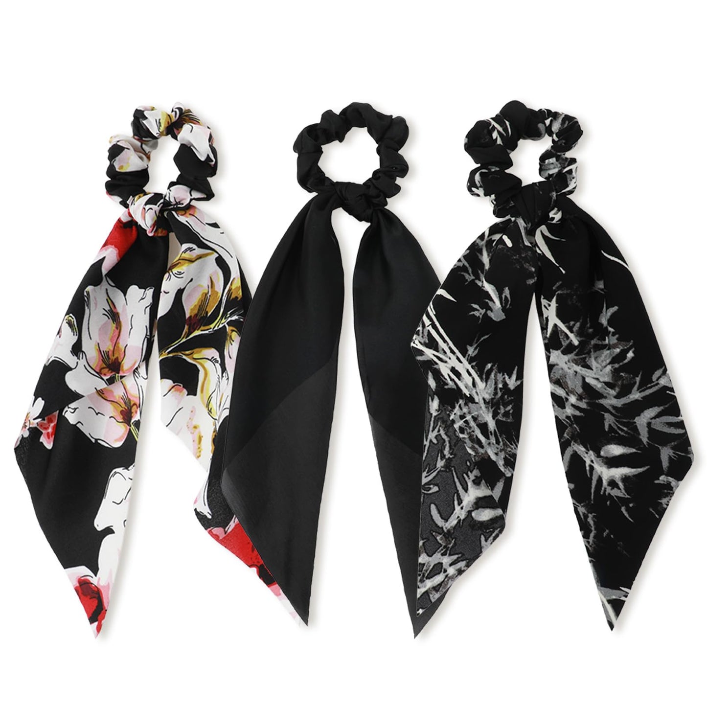 Ouligay 3 PCS Bow Scrunchies Elastic Silk Hair Scrunchies and Ribbons Knotted Bow Hair Ties Elegant Satin Hair Ribbons Ponytail Holders for Women and Girls Multicolored