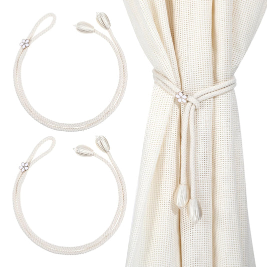 2 Pcs Tassel Tie Backs No Drilling, Boho Curtain Tiebacks Rope for Black Blue Light Color Curtains, Curtain Holders for Living Room Bedroom Outdoor Yard Garden Drapery (Beige)