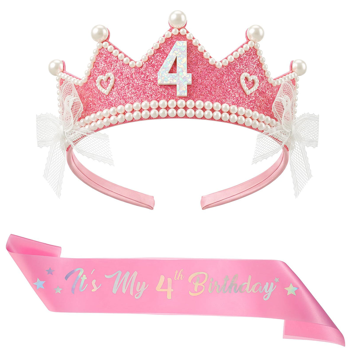 2Pcs Birthday Sash Crown For Girls, 4th Birthday Decorations Girl Pink