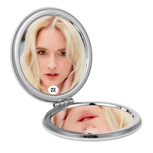 2x Magnifying Travel Mirror, Women Double Side Compact Mirrors for Purses, Magnetic Portable 3 Inch Pocket Size Foldable Small Mirror for Travel, Makeup, Present for Girls, Round White