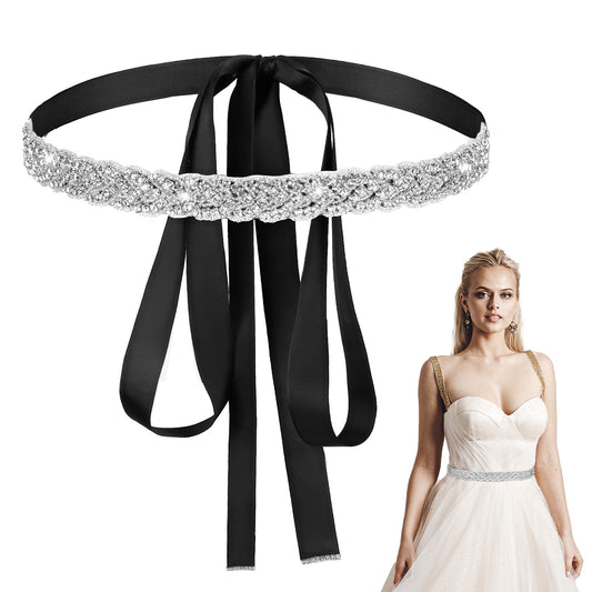 1 PCS Bridal Belt, Bridal Handmade Rhinestone Wedding Dress for Women, Sparkly Crystal Belt with Black Ribbon for Formal Dress, Party, Holiday Celebration
