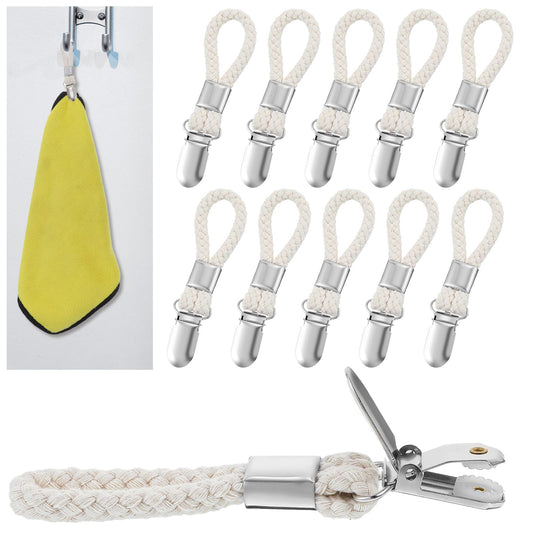 10 Pcs Hanging Tea Towels Clip Metal Kitchen Towels Clips with Cloth Hook Clip Hangers with Hanging Loop Braided Cotton Loop Towel for Home Kitchen Bathroom Cupboards