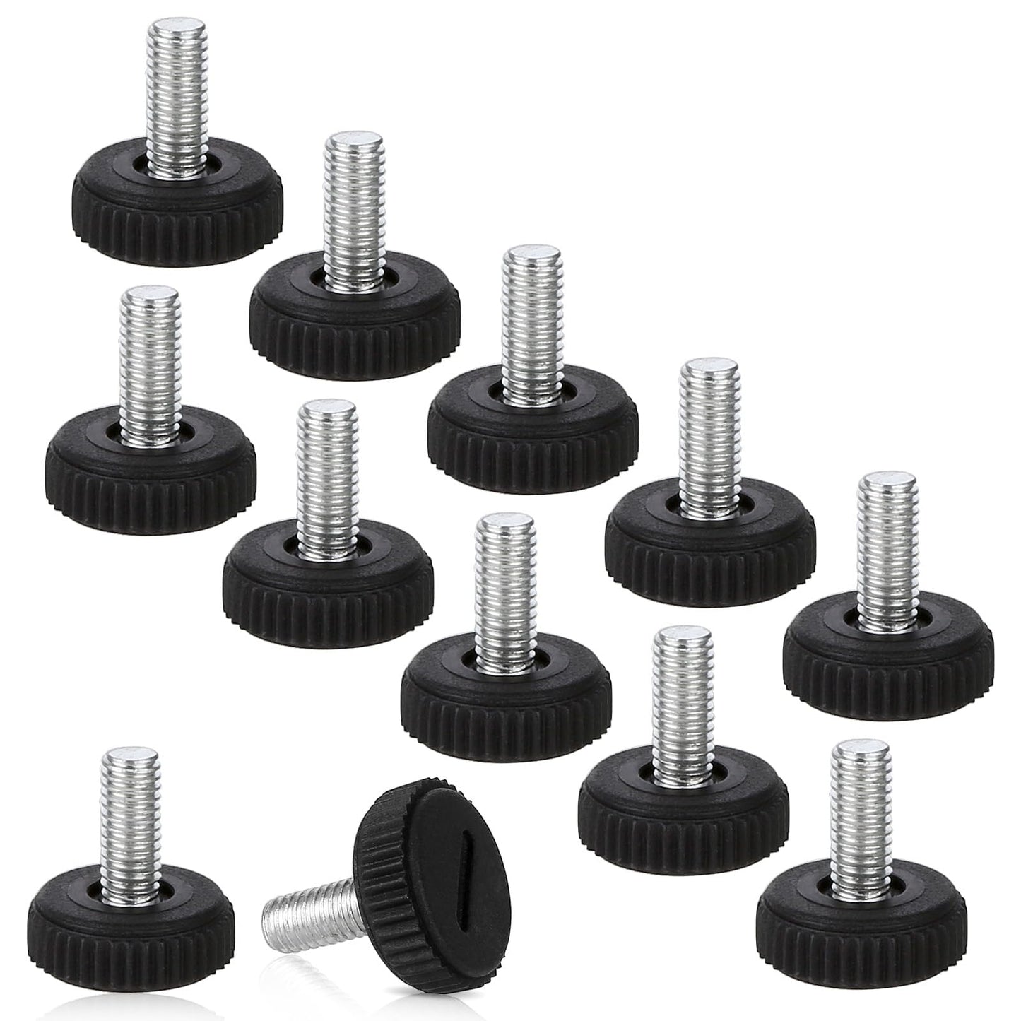 Sorcristy 12 Pack Adjustable Furniture Leveler, Thread Furniture Feet Levelers, Screw-In Table Leveling Feet for Chairs, Desks, Cabinets, Stools (Black,Metal, Plastic,1/4-20)