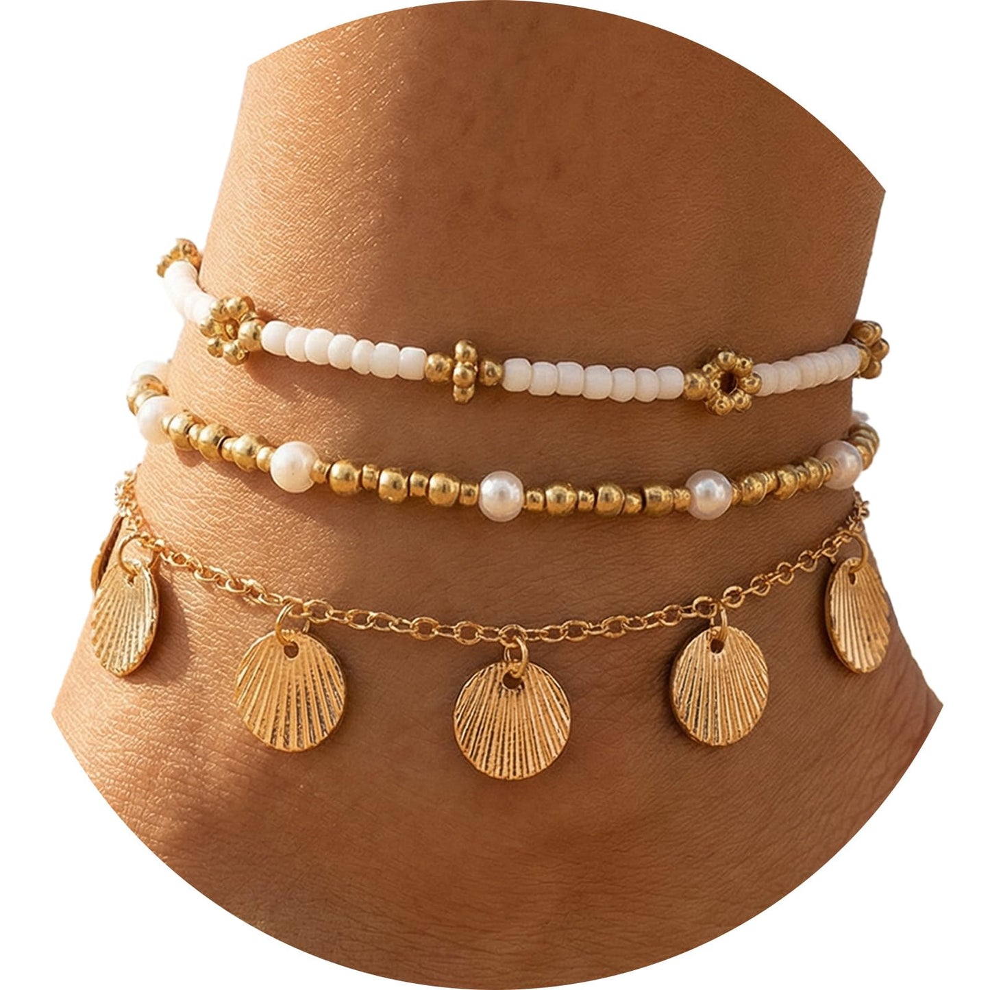 Chsoejuf 3PCS Shell Ankle Bracelets for Women Boho Beaded Beach Jewelry Set