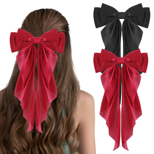 2 Pcs Hair Bows For Women, Big Bow Hair Clips Silky Satin Hair Bows Clips Oversized Tail Hair Bows Elegant Solid Color French Barrette Bows Cute Aesthetic Hair Accessories For Women Girls （Red, Black）