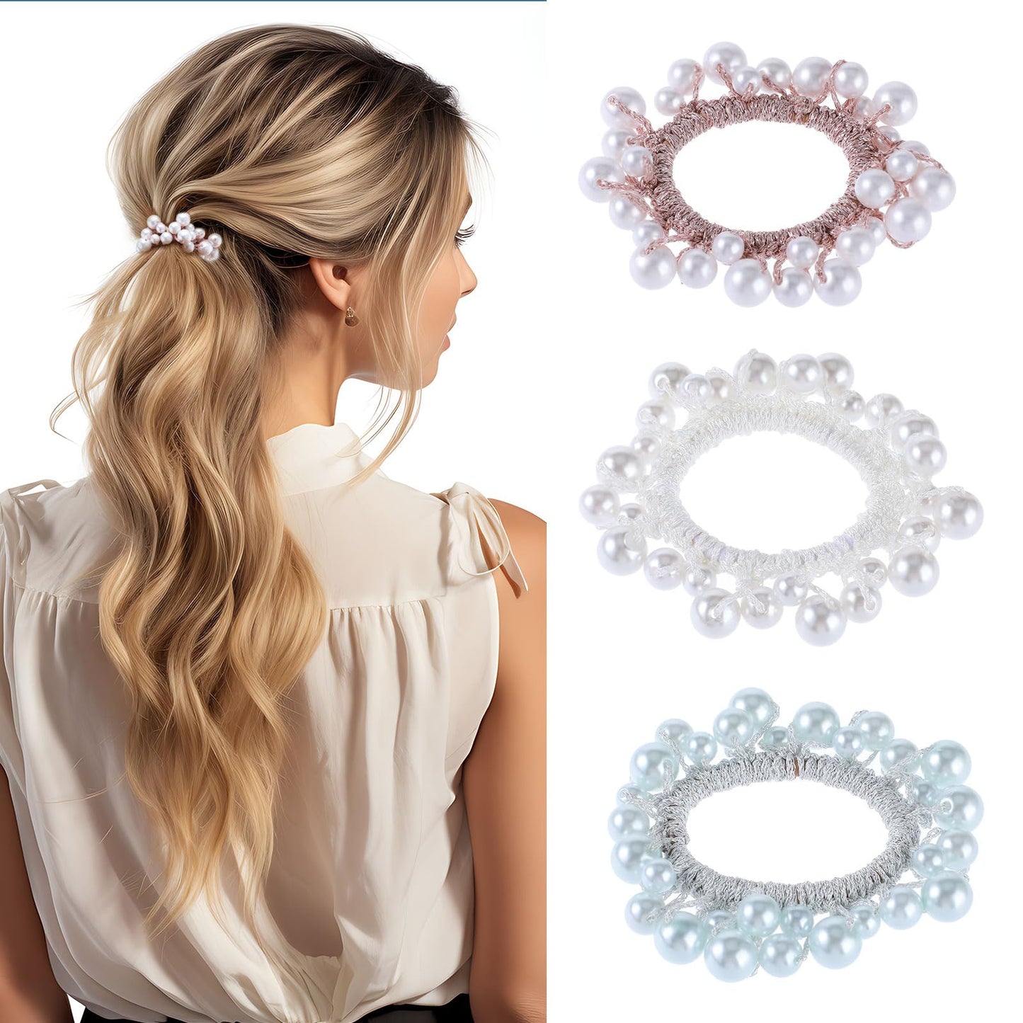 Mabor 3Pcs Pearl Hair Tie, Pearl Scrunchie, Bling Elastic High Ponytail Holder, Stretchy Hair Ropes, Decorative Fancy Hair Ties, Cute Hair Accessories for Women Girls