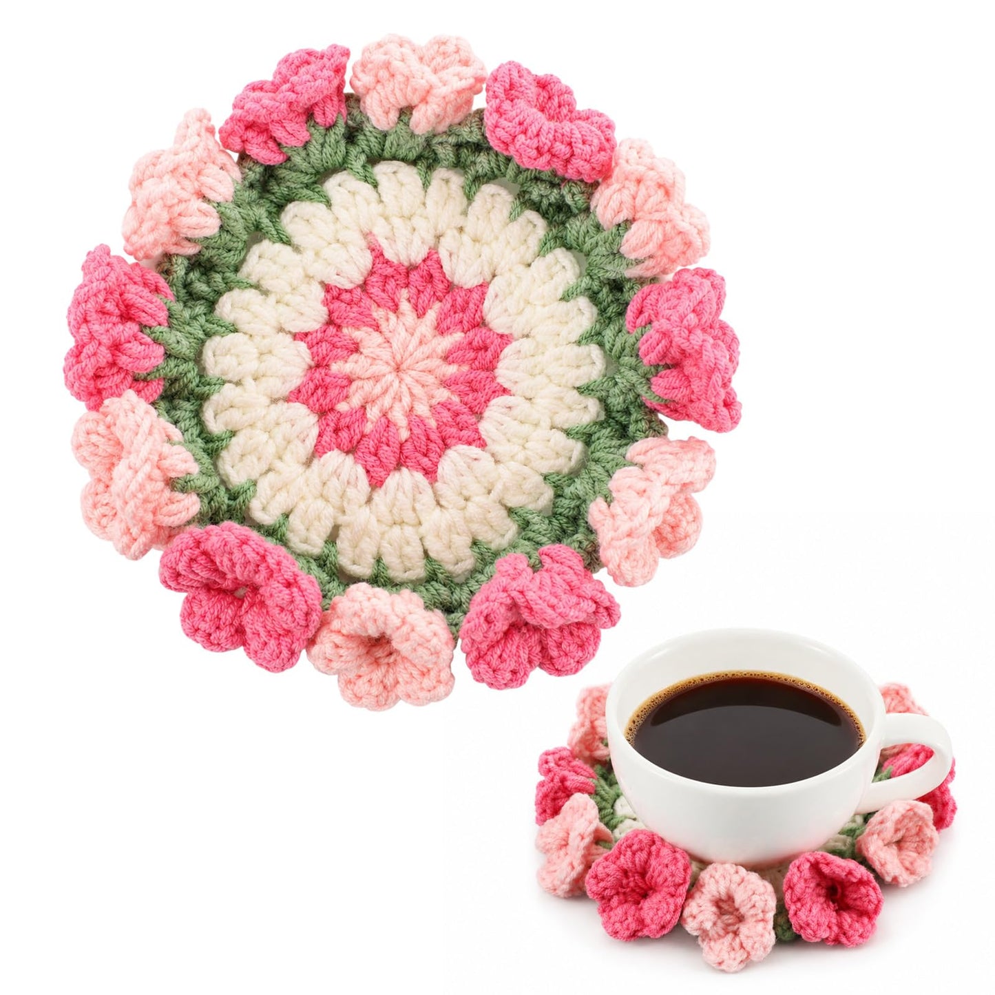 Crochet Flower Bouquet Coasters Handmade Pink Drink Coasters