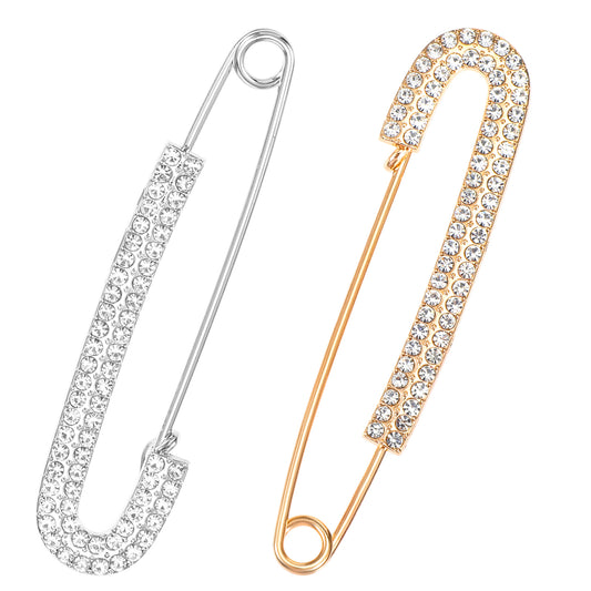 2Pcs Rhinestone Safety Pins Decorative Safety Pins For Clothing Safety Pin Brooch Rhinestone Vintage Large Faux Crystal Metal Elegant Shawl Clips For Women Skirts Sweater Scarf Lapel Hat Accessories