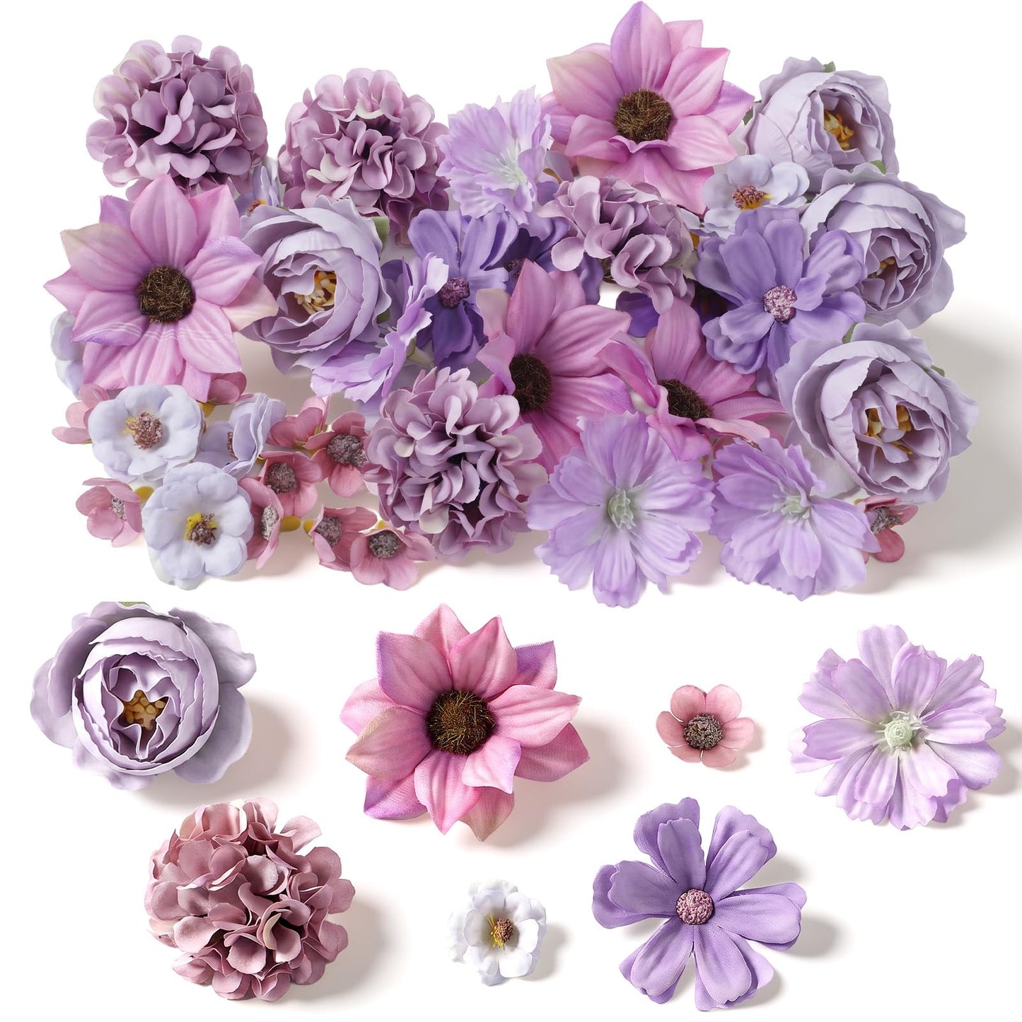 MEUYSIAC 50pcs Purple Mini Fake Flowers, Faux Flower Heads, Craft Appliques