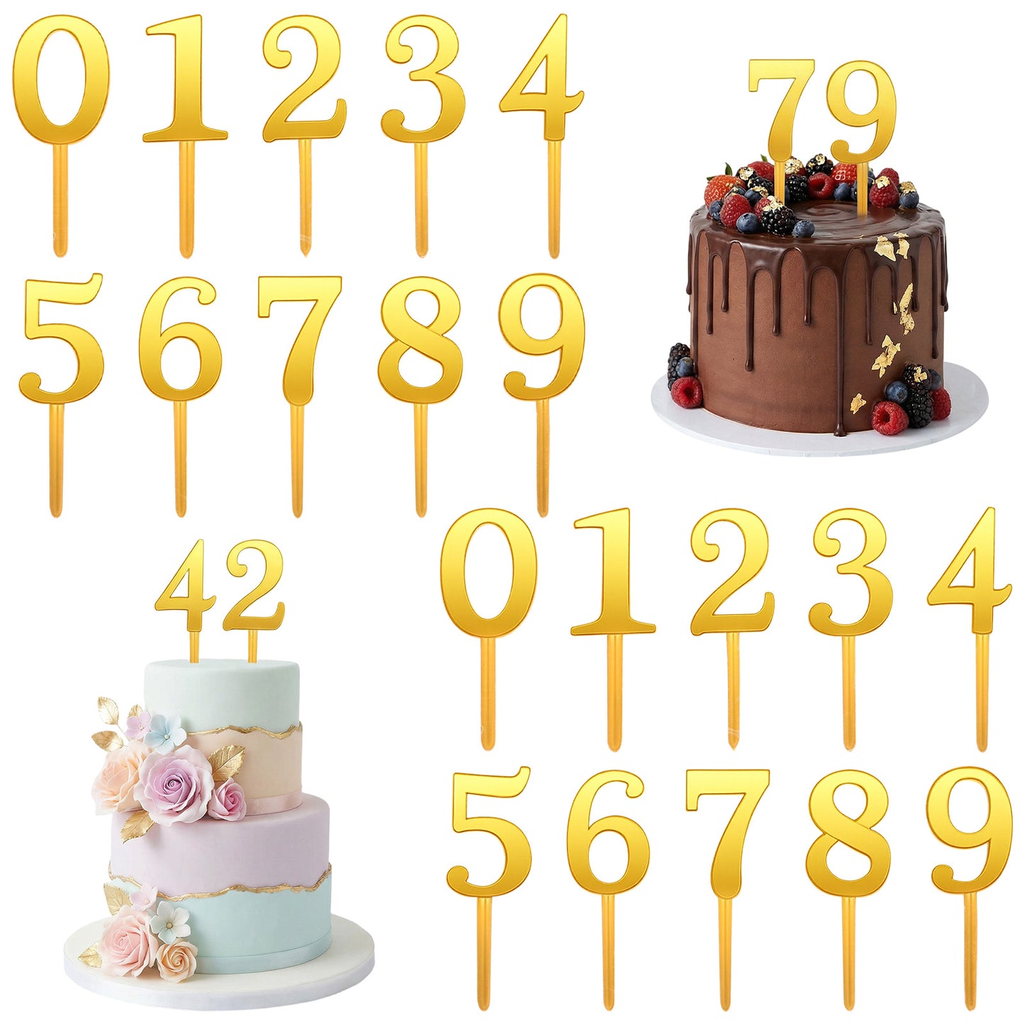 Matwsec 20 Pcs 0-9 Gold Number for Cake Topper, Shiny Acrylic Cake Numbers, DIY Handmade Cakes Sign Decorations for Birthday Party Wedding Anniversary