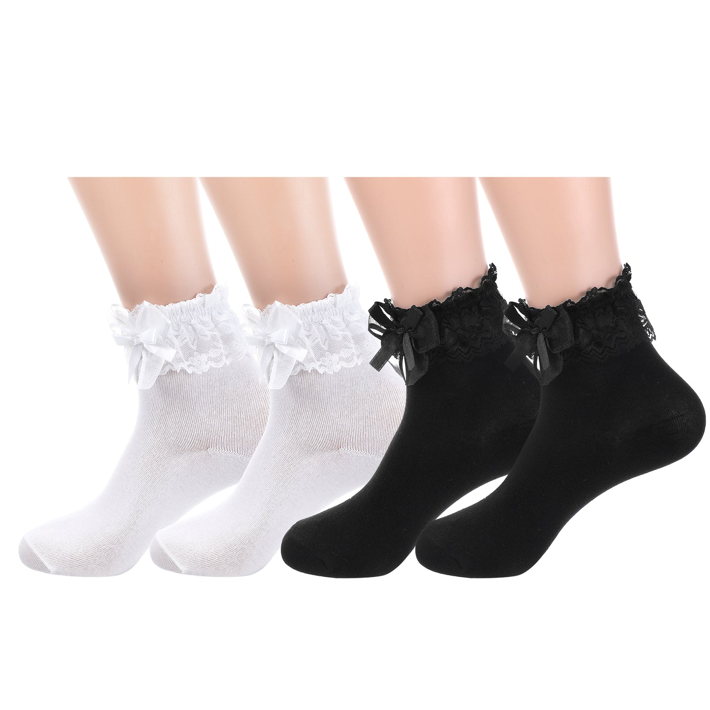 Teaaha 2 Pairs Women Ruffle Socks White and Black Lace Ruffles Ankle Socks Cotton Cute Princess Ruffled Sock for Girls Toddler Frilly Dress