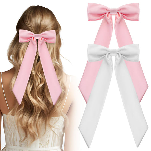Tyqour 2pcs Silky Satin Hair Bows for Women, Pink White Hair Ribbon Hair Clip Metal Clips Hair Accessories, Ribbon Bow Hair Bow Clip for Girls Toddlers Teens Kids Women