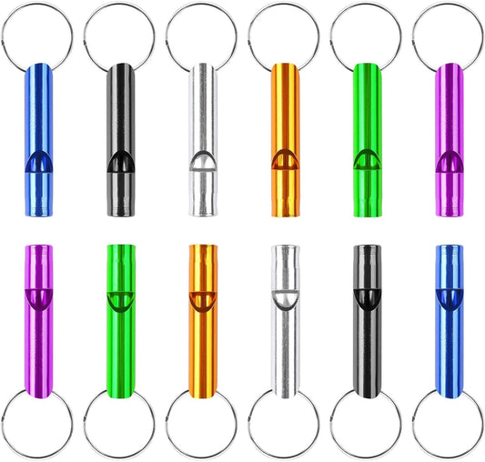 Xinjoduz 12 PCS Emergency Whistle with Key Chain, Aluminum Whistle, Loud Safety Whistle, Portable Whistle Key Chains for Hiking Outdoor Sports Emergencies, 6 Colors for Gift