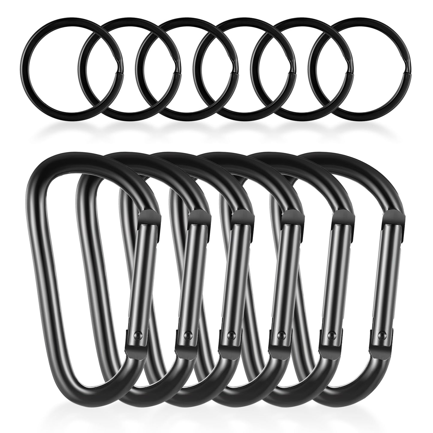 Tyqour 6pcs D Ring Heavy Duty Carabiner Clip+6pcs Key Chain Ring Small Locking Carabiner 12 Pack Spring Snap Hook Set for Outdoor Camping Fishing Key Chain Hooks Keychain Accessories(Black)