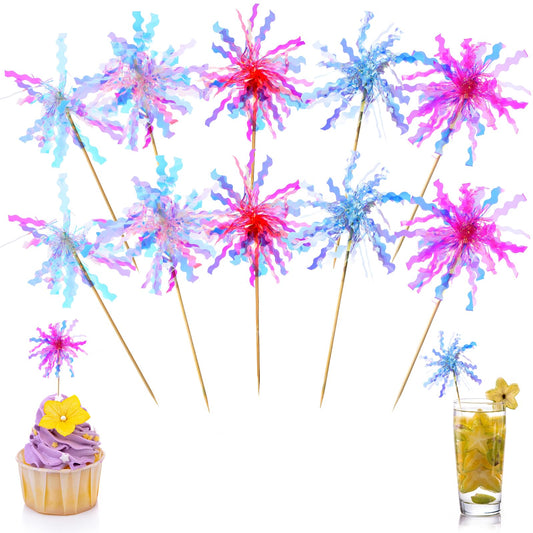 10Pcs Firework Cupcake Toppers Cocktail Toppers Drink Toppers Firework Decorations Foil Firework Cupcake Toppers Takemay Sparkle Blue and Purple Foil Firework Cake Toppers for Birthday Wedding