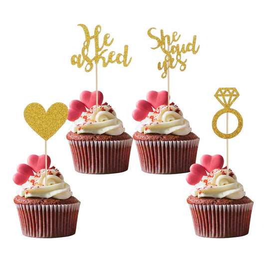 24PCS He Asked She Said Yes Wedding Cupcake Toppers, Engagement Party Decorations, Wedding Cake Toppers, Bridal Shower Decorations Diamond Ring Heart Love Cake Picks for Engagement Party