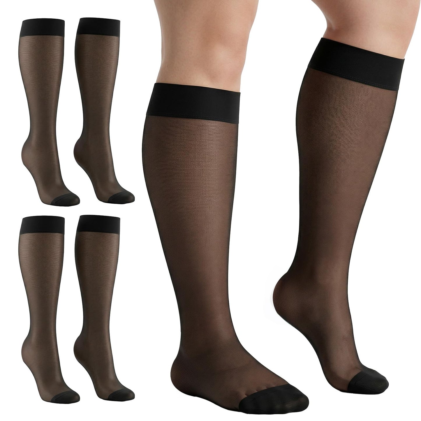 Sorcristy 4PCS Plus Size Knee High Stockings 15D Black Nylon Stocks Wide Trouser for Women