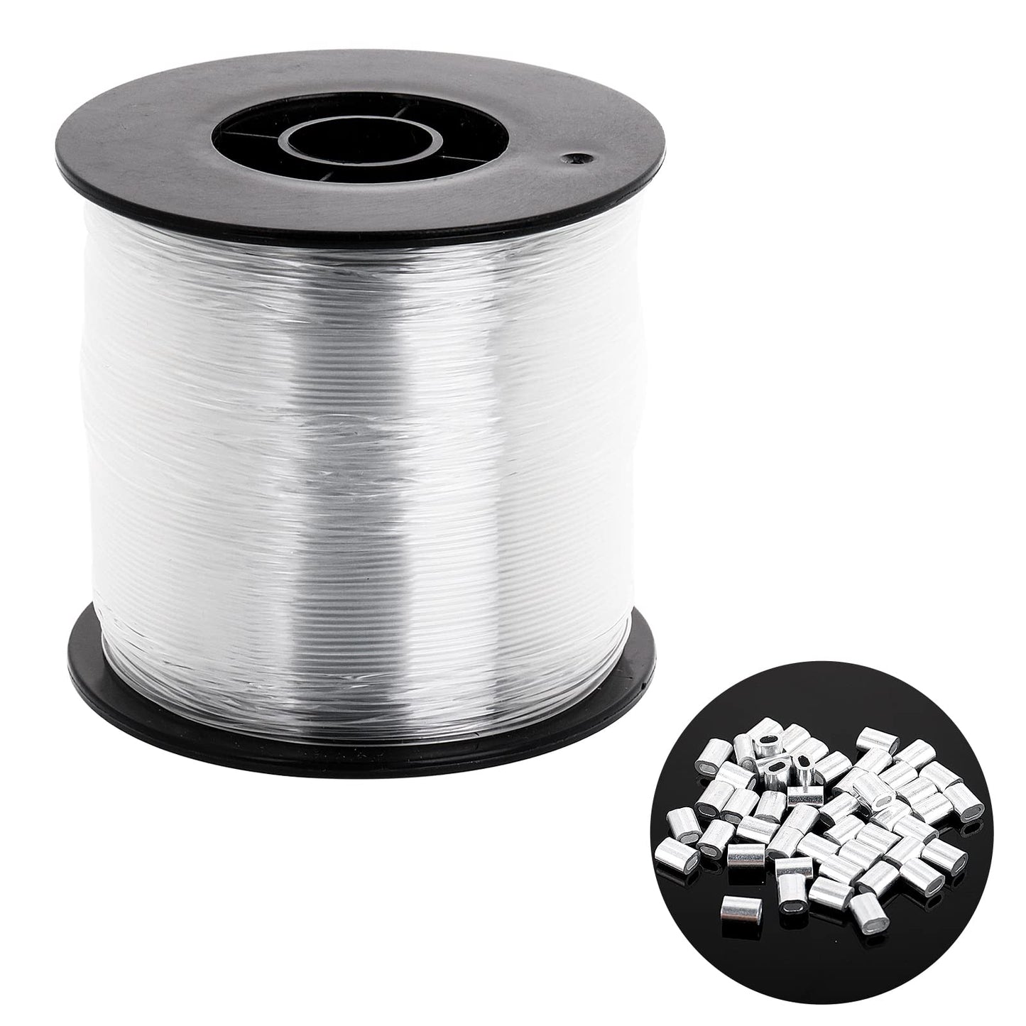 Strong Clear Invisible Hanging Wire 0.8 Mm Nylon String Picture Frame Wire Thick Fishing Wire Clear String Hanging Kit with 120 Pcs Crimping Sleeves for Picture Hanging Decoration and Crafts (1 Roll)