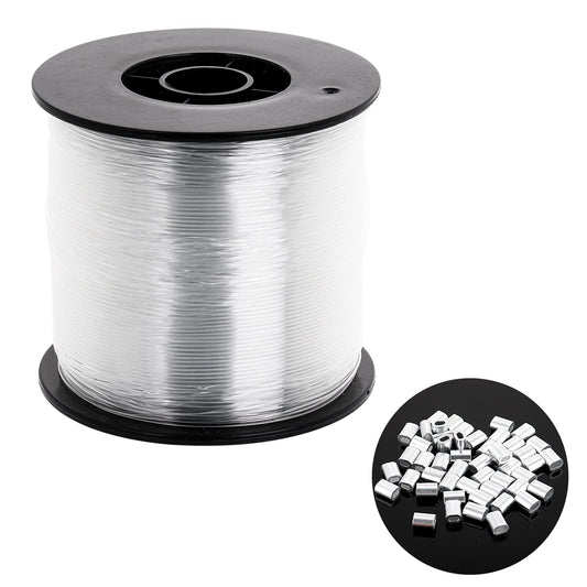 Strong Clear Invisible Hanging Wire 0.8 Mm Nylon String Picture Frame Wire Thick Fishing Wire Clear String Hanging Kit with 120 Pcs Crimping Sleeves for Picture Hanging Decoration and Crafts (1 Roll)